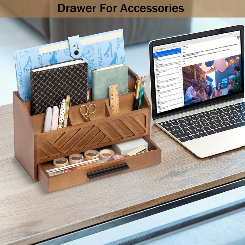 dreampossible Brown Wood Desk Organizer and Accessories with Drawer, Bill Mail Organizer and File Mail Holder for Office Supplies, Modern Desk Accessories & Workspace Organizers for Desk Organization - Image 3